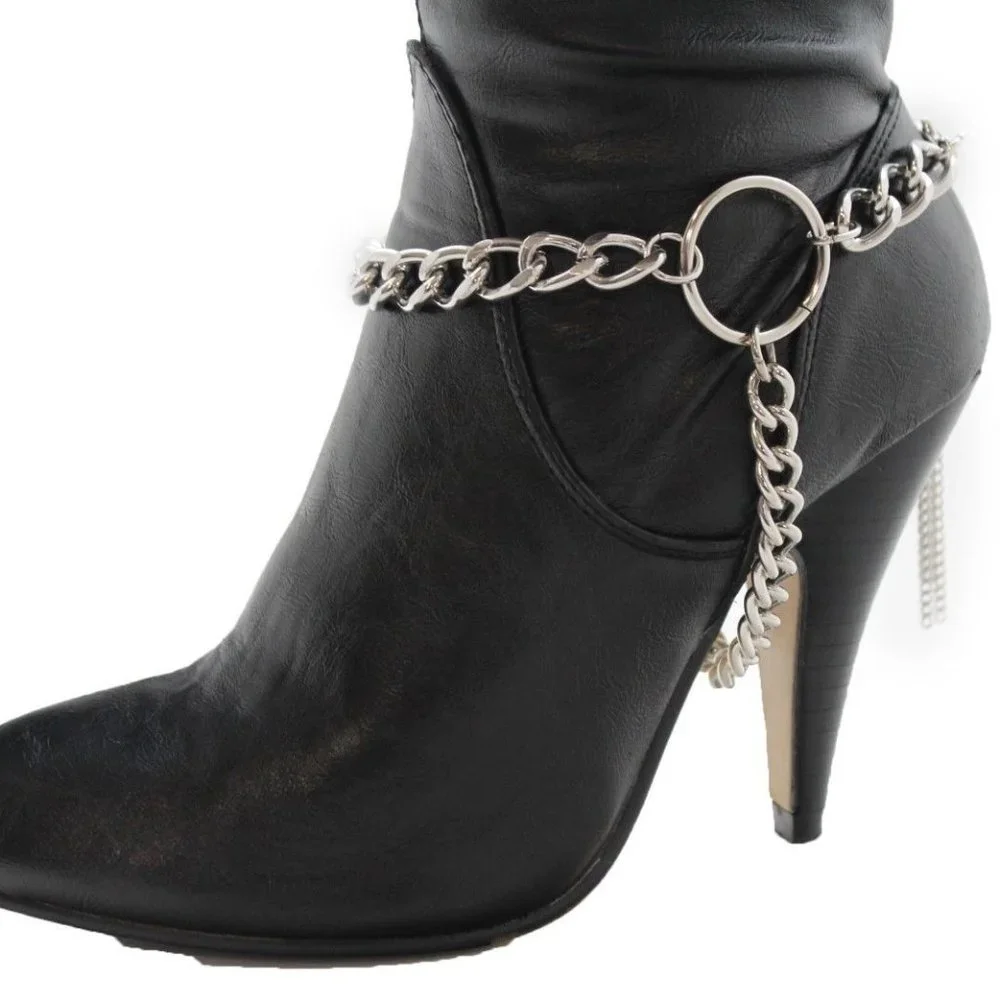 Women Silver Metal Boot Chain Bracelet Circle Back Tassel Shoe Charm Anklet - Picture 7 of 12
